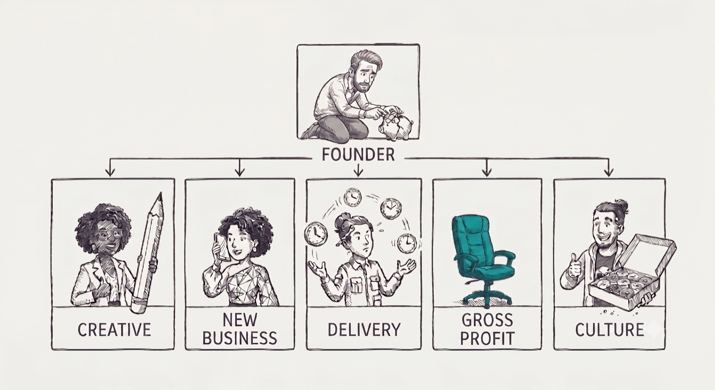 A hand-drawn org chart. At the top the founder crouches over a piggy bank, feeding in coins with a worried look. Five boxes sit below - Creative, New Business, Delivery, Gross Profit and Culture - each headed by a person, except Gross Profit, which is an empty office chair.