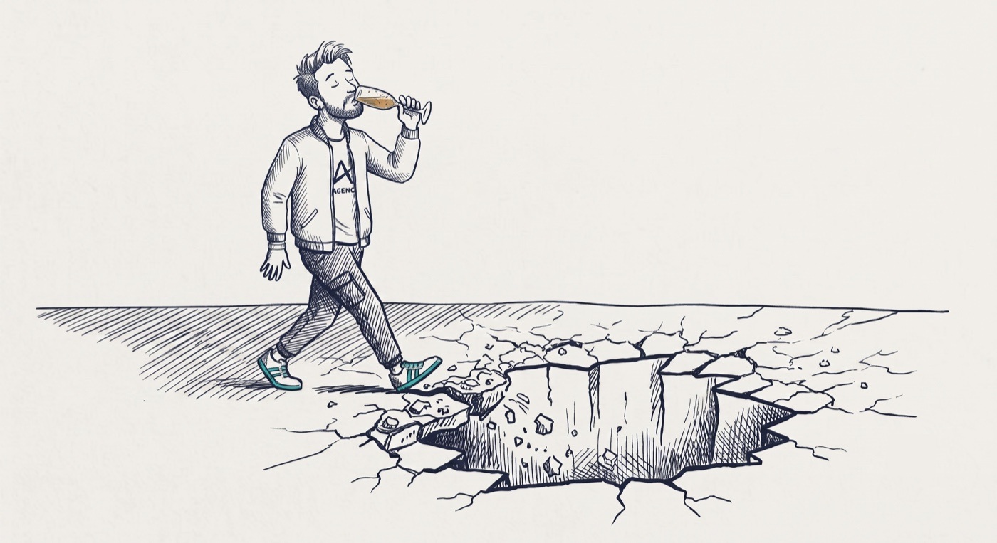 A person in an agency jacket, eyes closed, sipping champagne as they walk toward a gaping sinkhole opening up in the ground ahead.
